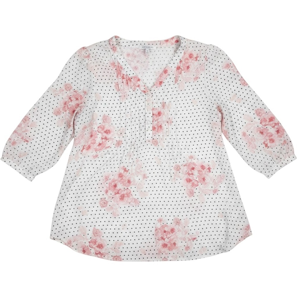 Rose + Olive Blouse Womens 1X White Floral Polka Dot Excellent 3/4 Sleeve